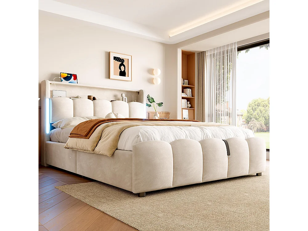 Lit rembourré hydraulique, 140x200cm, avec éclairage LED, lit coffre, ports USB Type-C, velours, beige, sans matelas