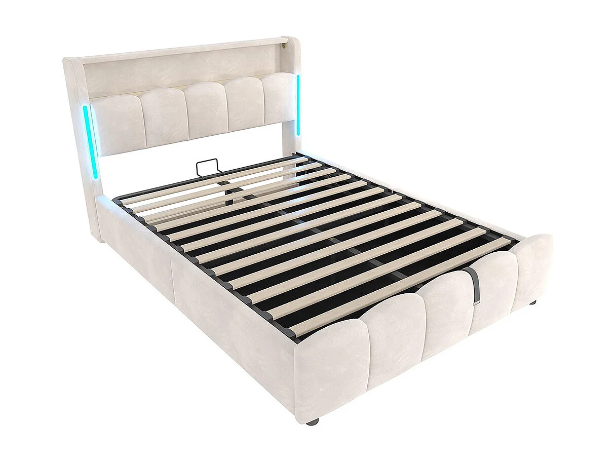 Lit rembourré hydraulique, 140x200cm, avec éclairage LED, lit coffre, ports USB Type-C, velours, beige, sans matelas