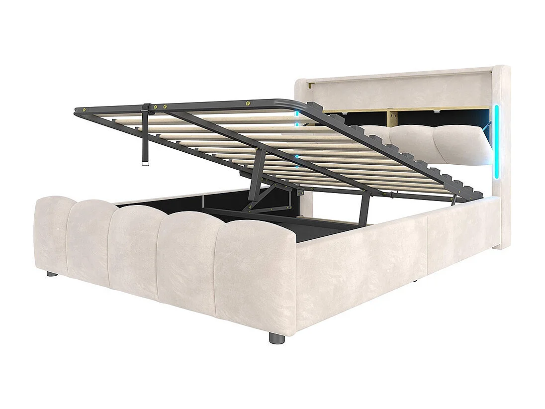 Lit rembourré hydraulique, 140x200cm, avec éclairage LED, lit coffre, ports USB Type-C, velours, beige, sans matelas