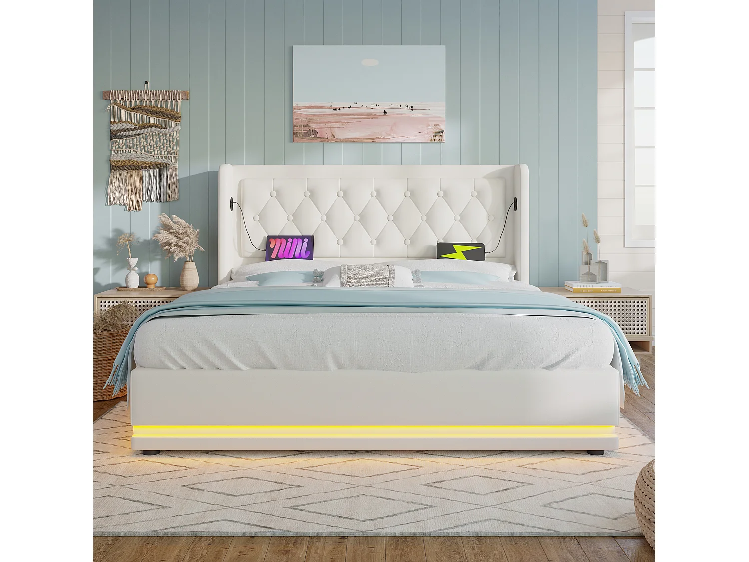 Hydraulisch gestoffeerd bed 160x200cm, tweepersoonsbed met LED-verlichting, hoofdbord met USB Type-C, PU, wit, inclusief matras