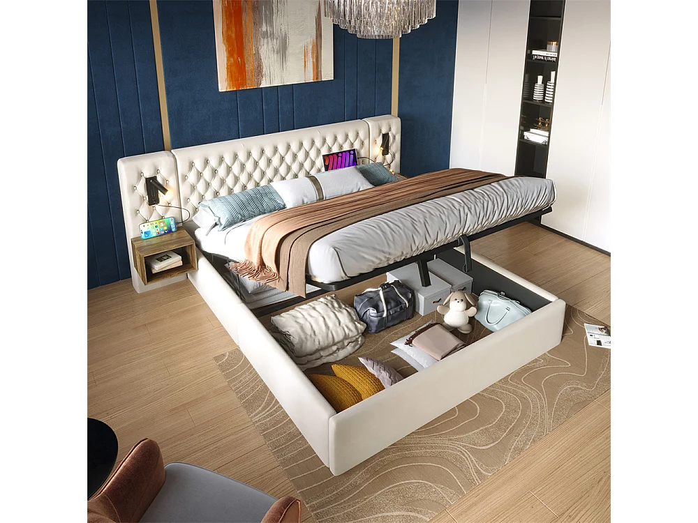 Lit rembourré hydraulique 160x200cm, lit coffre, lit double, avec 2 tables de chevet,liseuse intégrée, velours, beige, sans matelas