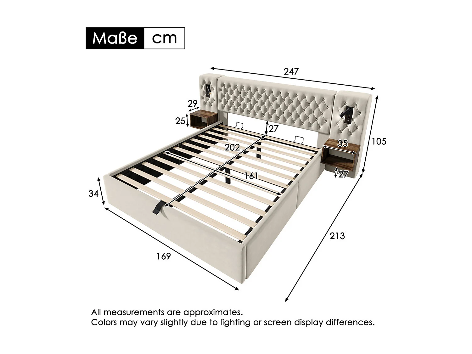 Lit rembourré hydraulique 160x200cm, lit coffre, lit double, avec 2 tables de chevet,liseuse intégrée, velours, beige, sans matelas