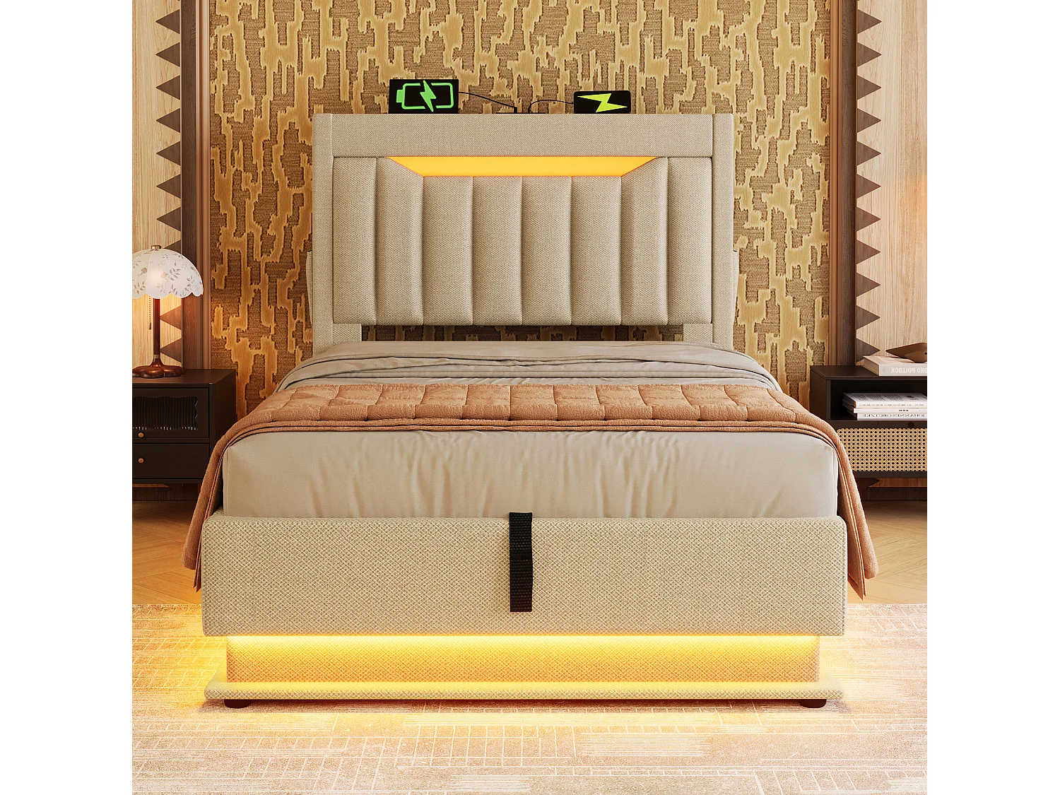 Gestoffeerd bed hydraulisch 90x200cm, hoofdbord met opbergruimte,USB- en Type-C,eenpersoonsbed met ledverlichting, beddengoed, beige