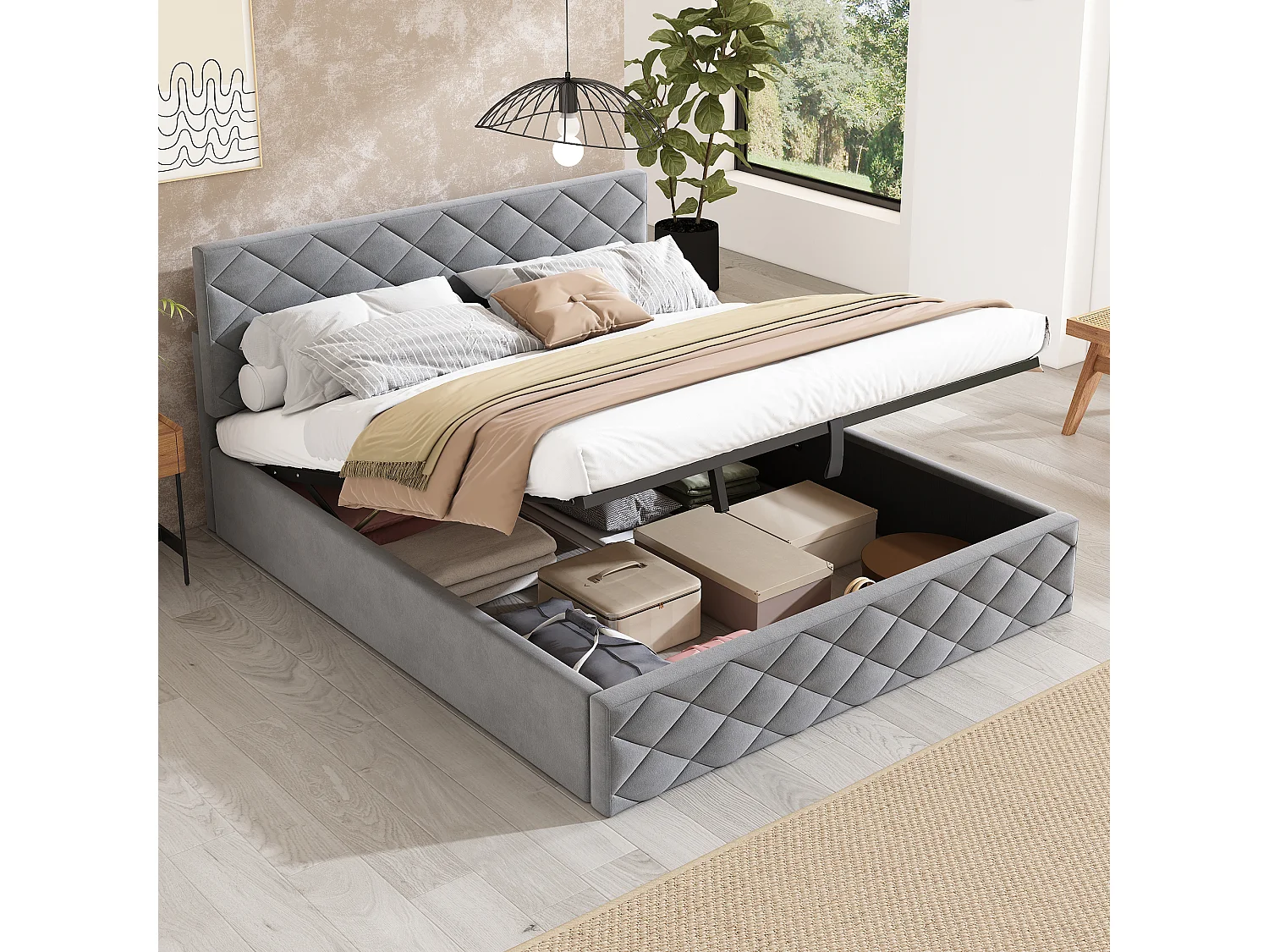 Lit rembourré hydraulique 140x200cm, lit fonctionnel, avec sommier à lattes et rangement, velours, gris, sans matelas