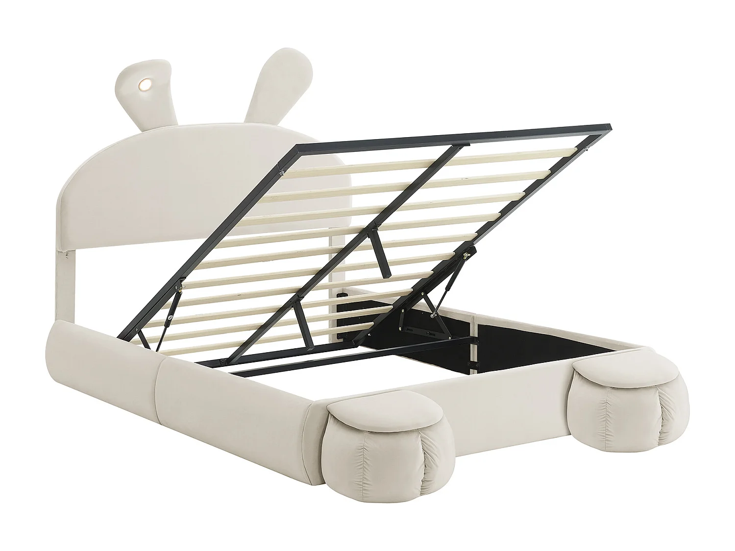 Lit hydraulique rembourré 140x200cm, lit double, avec deux tabourets de rangement et bandes lumineuses, velours, beige, sans matelas