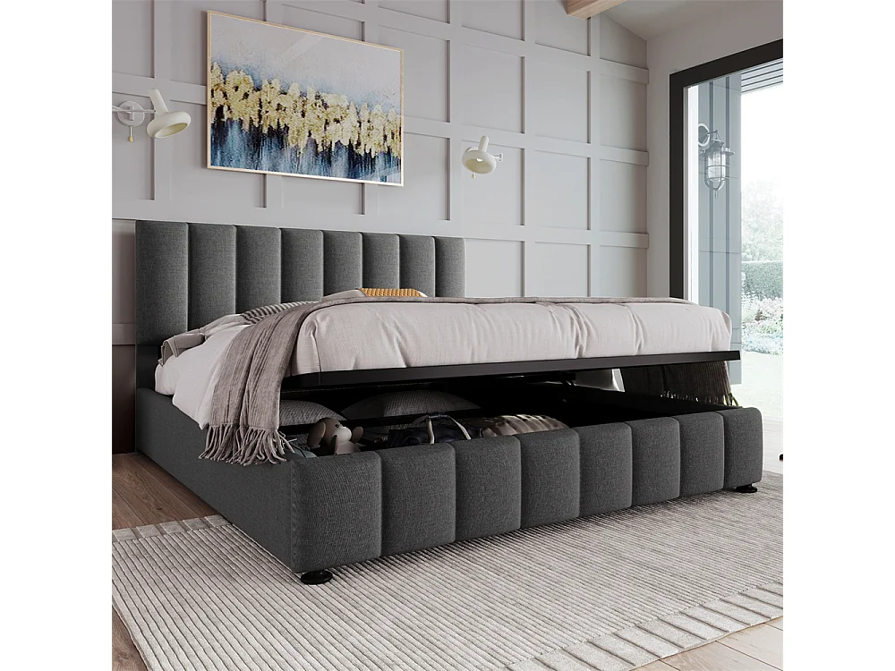 Hydraulisch gestoffeerd bed 140x200cm, tweepersoonsbed, met metalen lattenbodem, opbergruimte, linnen, grijs, zonder matras