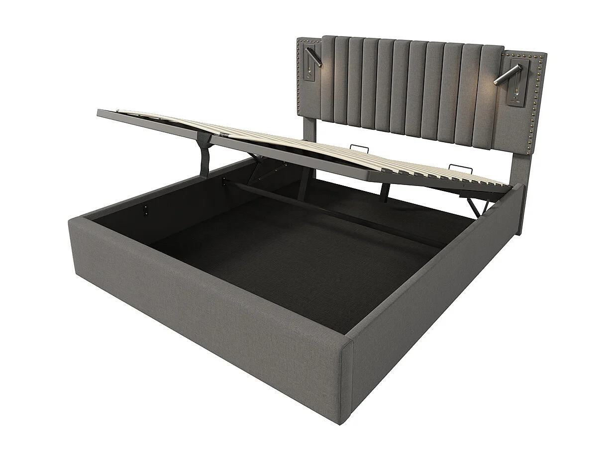 Lit rembourré 160x200cm, lit double, lampe de lecture avec fonction de chargement USB, dossier à motif clouté, gris, avec matelas