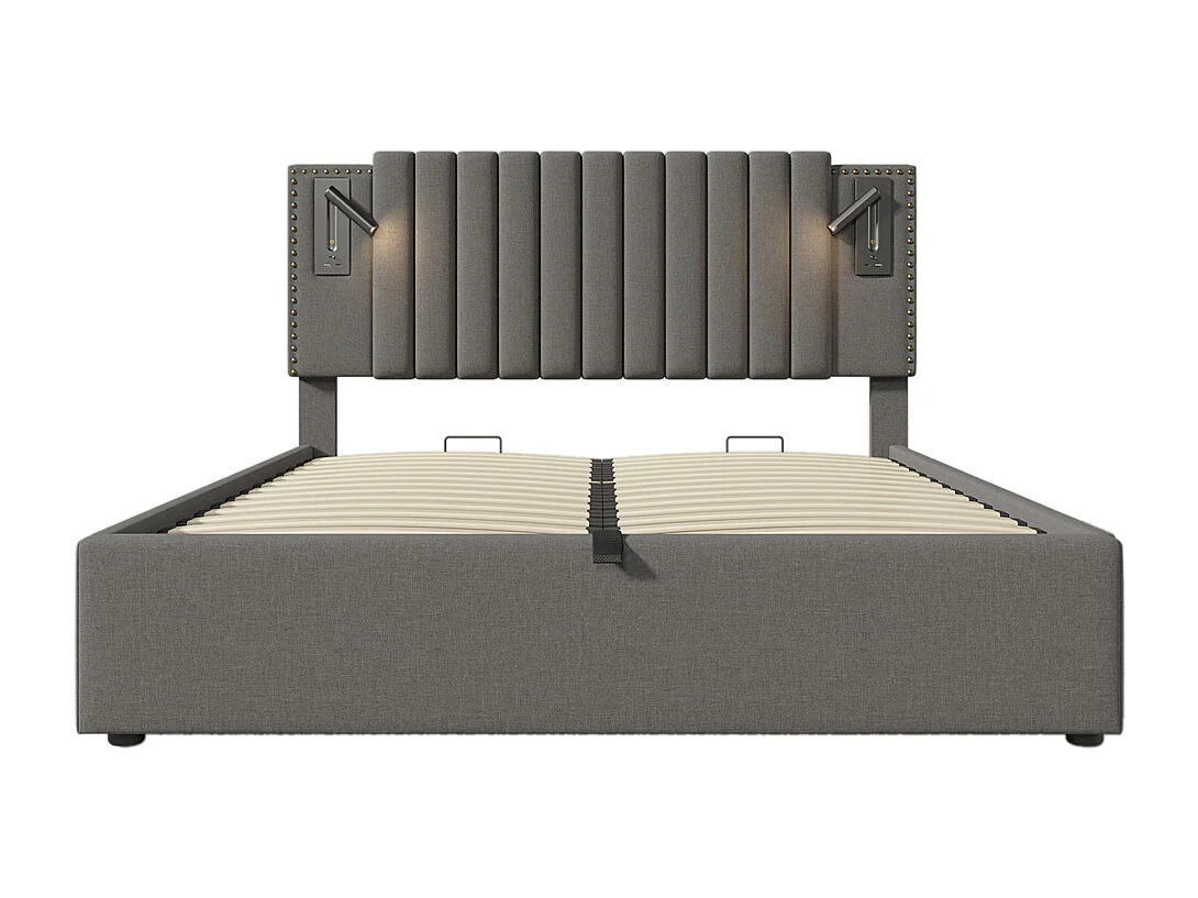 Lit rembourré 160x200cm, lit double, lampe de lecture avec fonction de chargement USB, dossier à motif clouté, gris, avec matelas