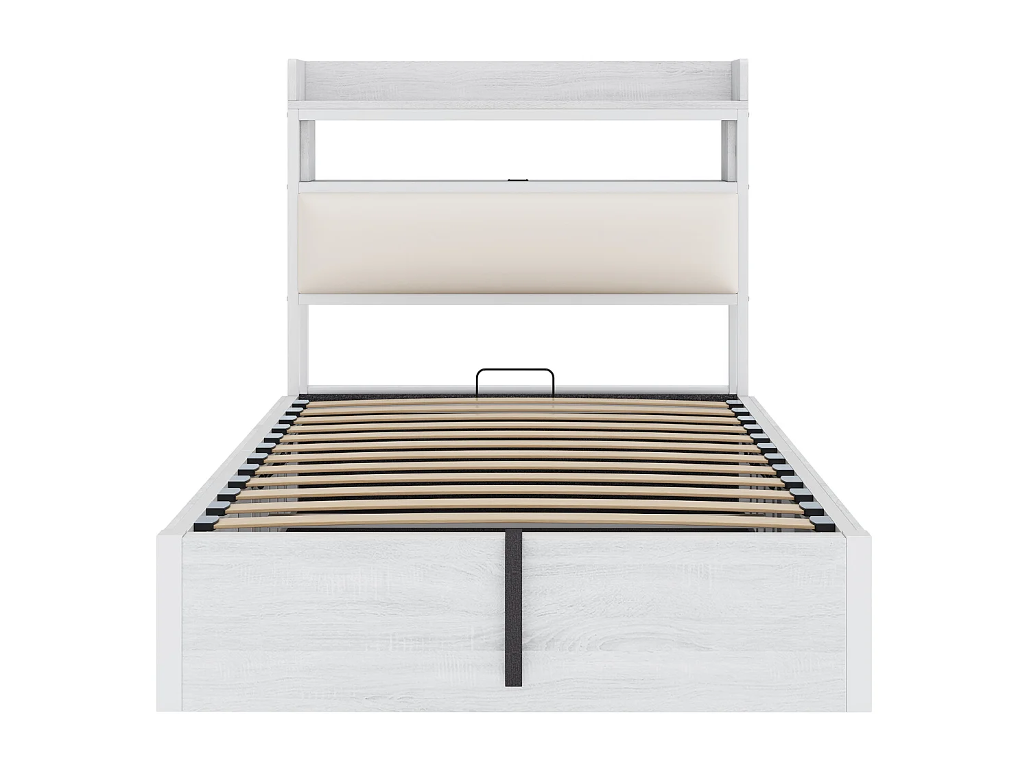 Gestoffeerd bed 90x200cm, eenpersoonsbed met hydraulisch hefmechanisme,USB en hoofdeinde,hout en metaal, wit, matras niet inbegrepen