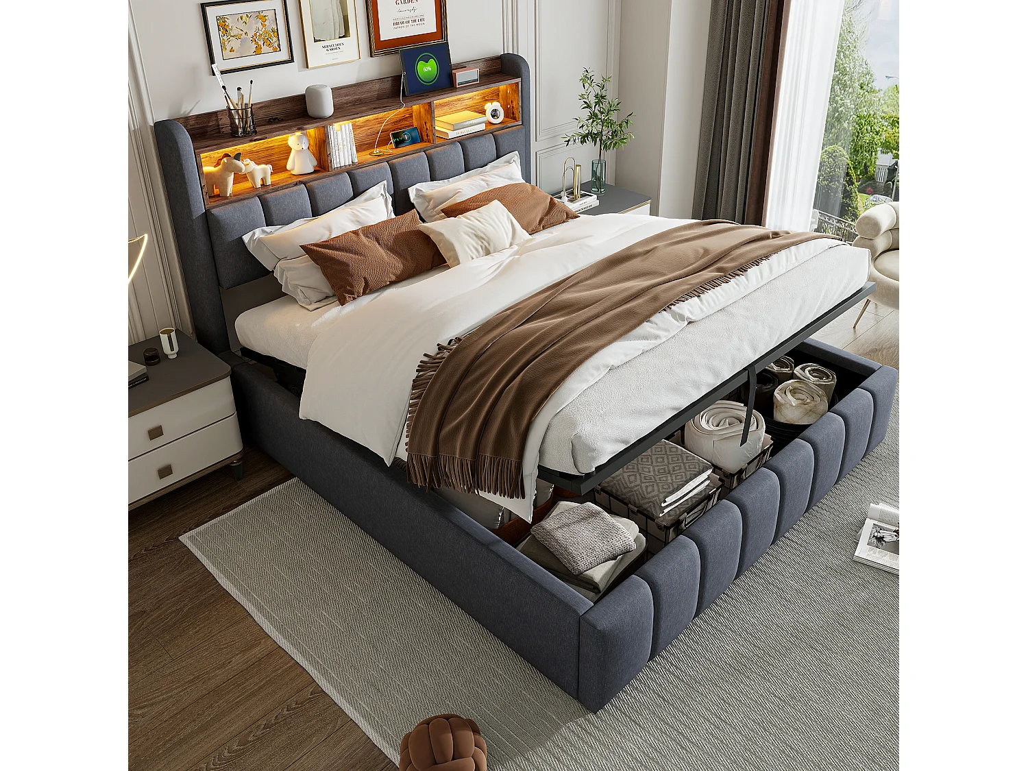 Gestoffeerd hydraulisch bed 180x200cm, met ledverlichting en USB, tweepersoonsformaat, linnen, grijs, matras niet inbegrepen