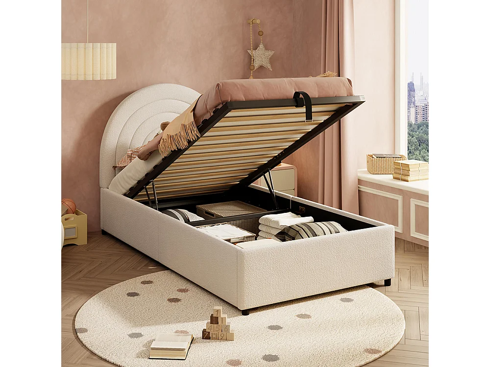 Gestoffeerd bed 90x200 cm, kinderbed, eenpersoonsbed met lattenbodem en hoofdeinde, tienerbed, houten lattenbodem, beige
