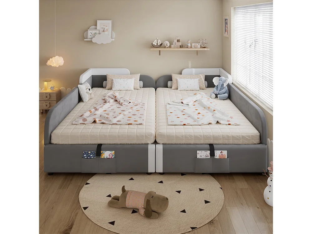 Lit rembourré hydraulique, 90 x 200 cm, lit enfant combiné, lit coffre, barrière souple surélevée, velours + contreplaqué, gris