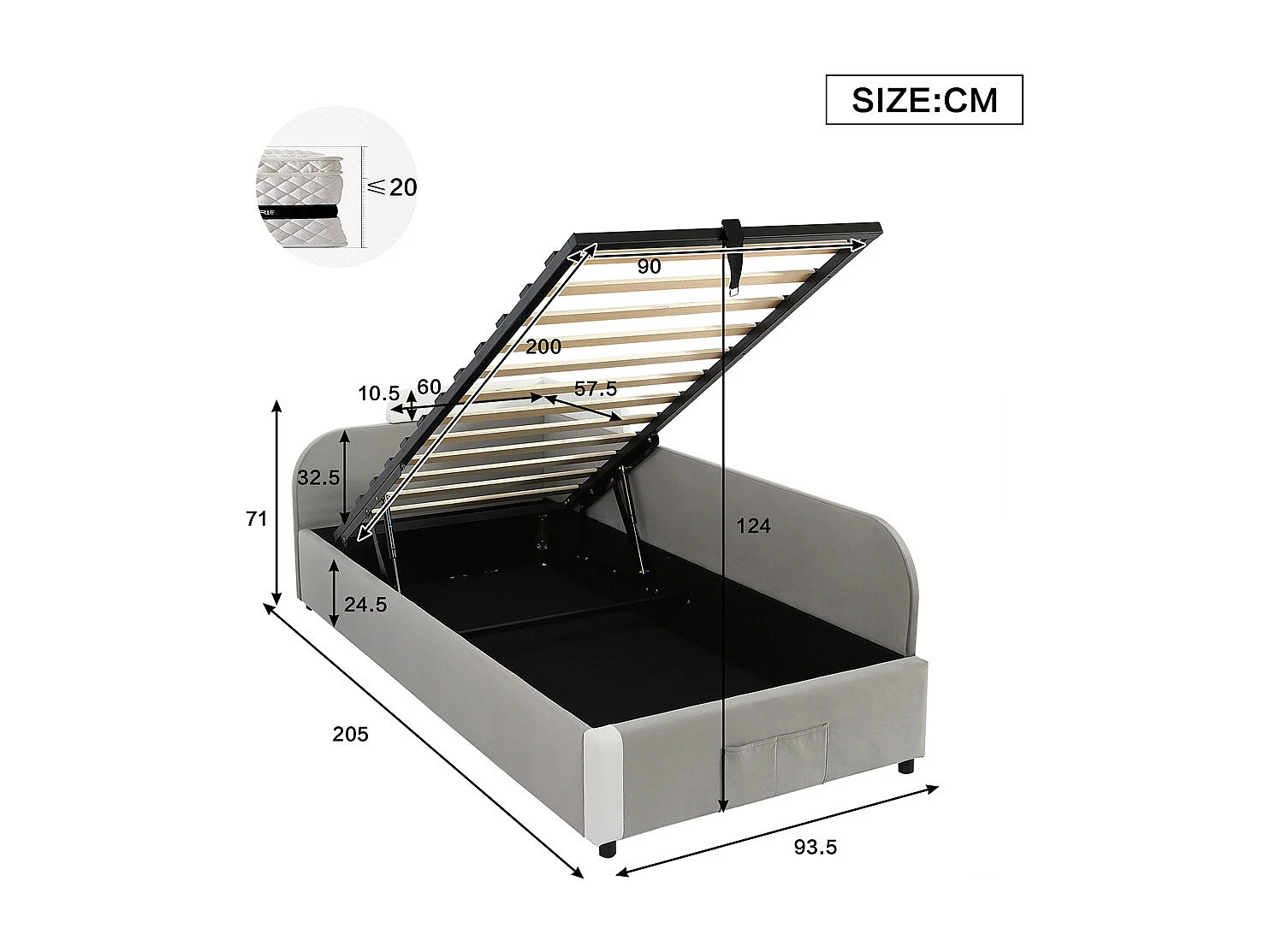 Lit rembourré hydraulique, 90 x 200 cm, lit enfant combiné, lit coffre, barrière souple surélevée, velours + contreplaqué, gris