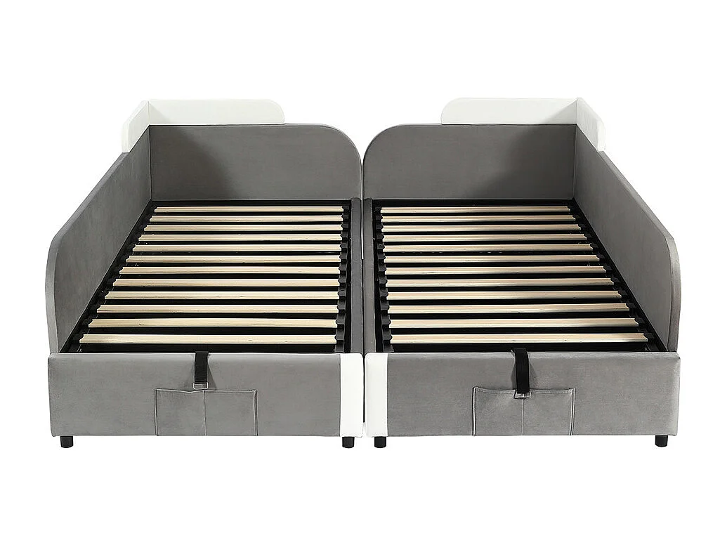 Lit rembourré hydraulique, 90 x 200 cm, lit enfant combiné, lit coffre, barrière souple surélevée, velours + contreplaqué, gris