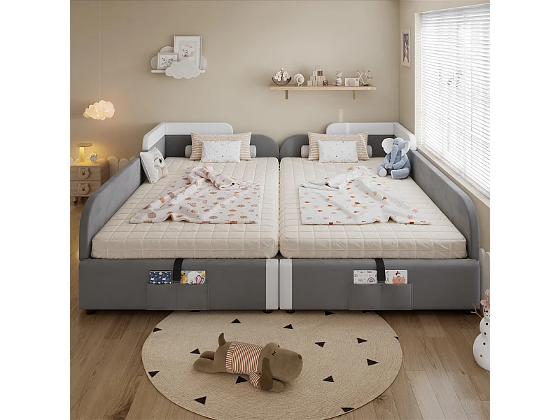 Lit rembourré hydraulique, 90 x 200 cm, lit enfant combiné, lit coffre, barrière souple surélevée, velours + contreplaqué, gris