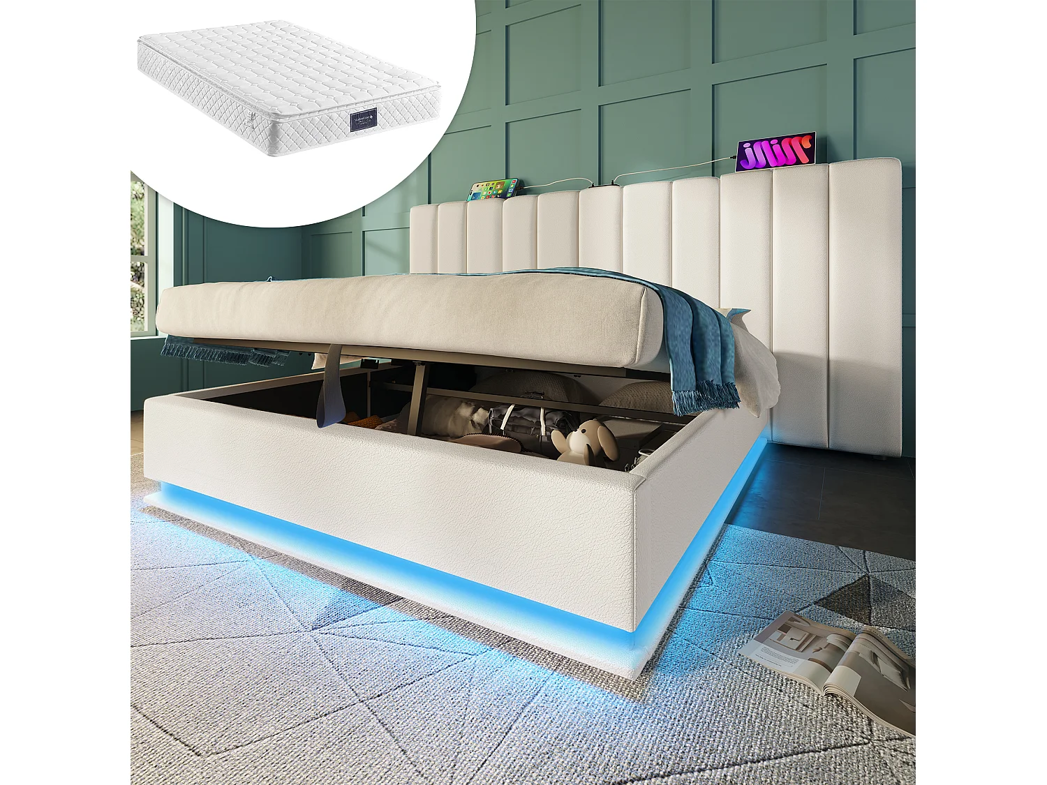 Gestoffeerd bed 160x200cm, tweepersoonsbed, met ledverlichting, USB-C, lattenbodem, PU, wit, inclusief matras, exclusief nachtkastje