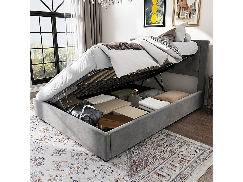 Gestoffeerd bed 140x200cm, opbergbed, met schuimrubber bekleed hoofdeinde, tweepersoonsbed, fluweel, grijs, matras niet inbegrepen