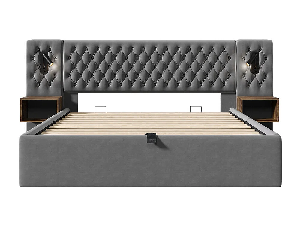 Lit rembourré hydraulique 180x200cm, lit coffre, lit double, avec 2 tables de chevet, liseuse intégrée, velours, gris, sans matelas