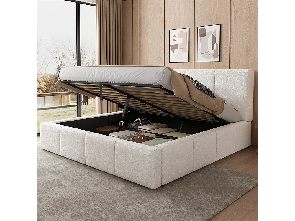 Lit rembourré hydraulique 180x200cm, lit double avec sommier à lattes, tête de lit, lit fonctionnel, bouclé beige, sans matelas