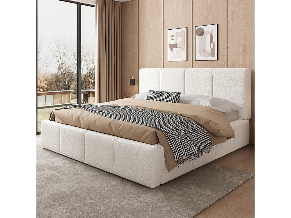 Lit rembourré hydraulique 180x200cm, lit double avec sommier à lattes, tête de lit, lit fonctionnel, bouclé beige, sans matelas