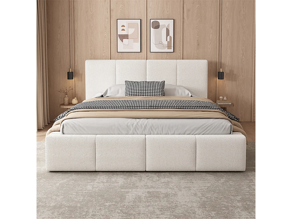 Lit rembourré hydraulique 180x200cm, lit double avec sommier à lattes, tête de lit, lit fonctionnel, bouclé beige, sans matelas