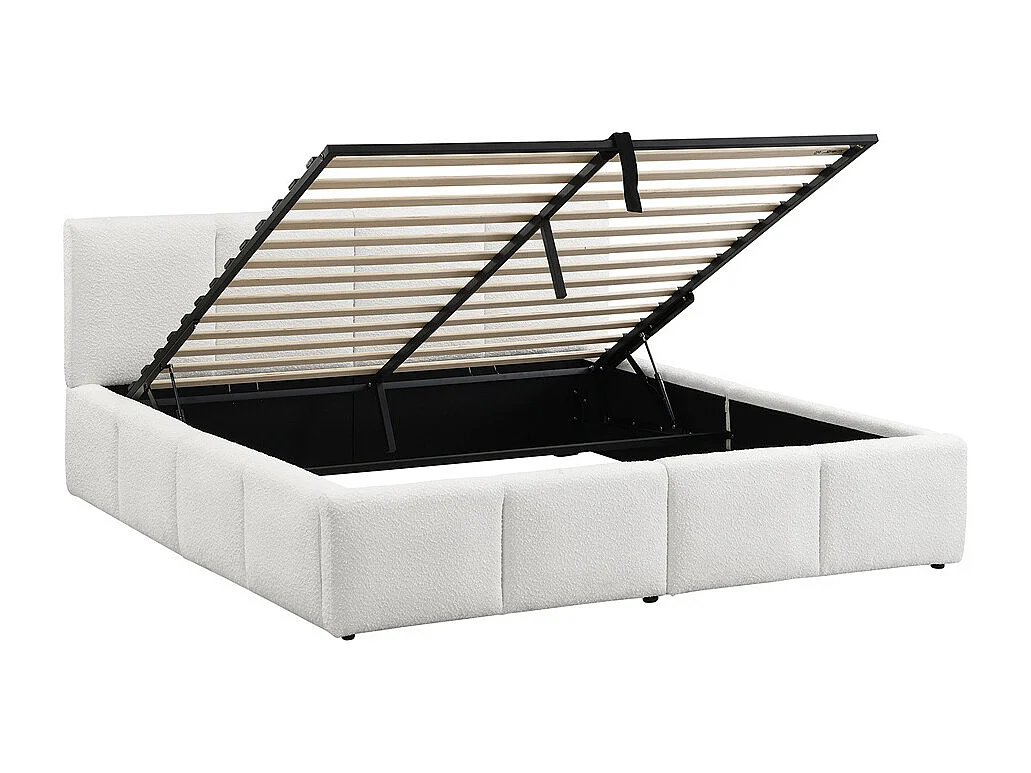Lit rembourré hydraulique 180x200cm, lit double avec sommier à lattes, tête de lit, lit fonctionnel, bouclé beige, sans matelas