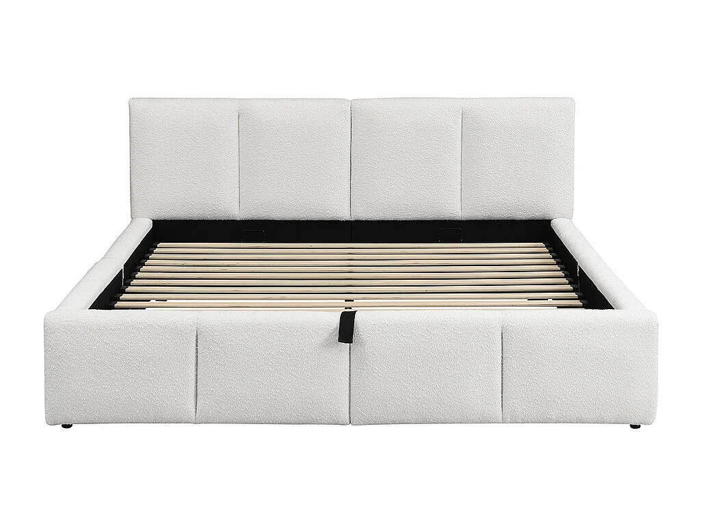 Lit rembourré hydraulique 180x200cm, lit double avec sommier à lattes, tête de lit, lit fonctionnel, bouclé beige, sans matelas