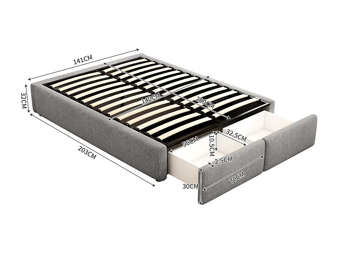 Gestoffeerd bed, 140x200cm, platformbed, zonder hoofdeinde, met hydraulische opbergruimte en 2 lades, linnen+MDF,grijs,zonder matras