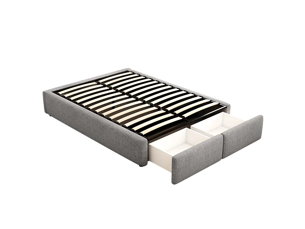 Gestoffeerd bed, 140x200cm, platformbed, zonder hoofdeinde, met hydraulische opbergruimte en 2 lades, linnen+MDF,grijs,zonder matras