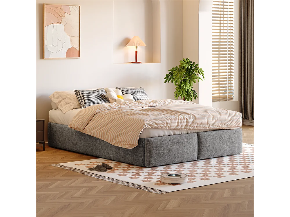 Lit rembourré, 140x200cm, lit plateforme, sans tête de lit, avec rangement hydraulique et 2 tiroirs, lin + MDF, gris, sans matelas