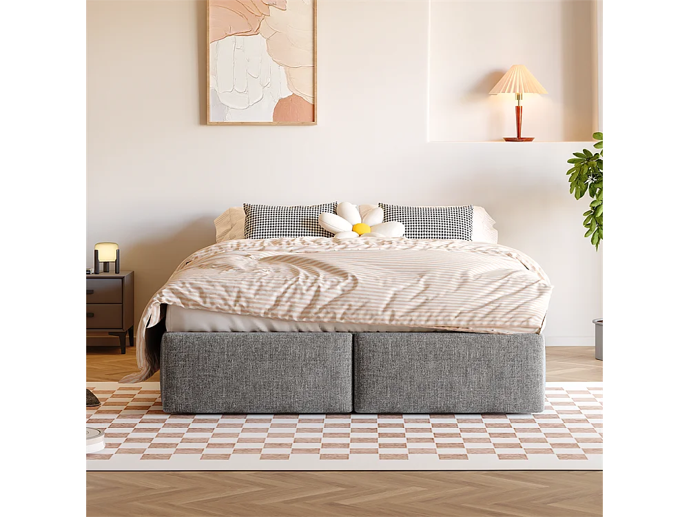 Lit rembourré, 140x200cm, lit plateforme, sans tête de lit, avec rangement hydraulique et 2 tiroirs, lin + MDF, gris, sans matelas