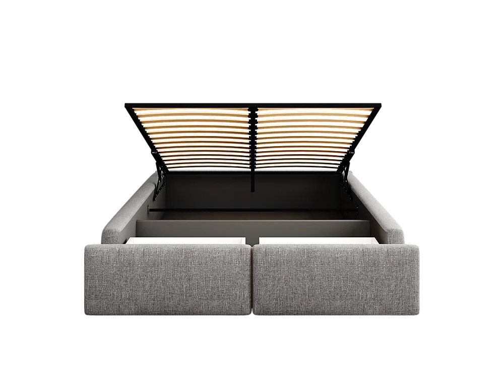 Lit rembourré, 140x200cm, lit plateforme, sans tête de lit, avec rangement hydraulique et 2 tiroirs, lin + MDF, gris, sans matelas