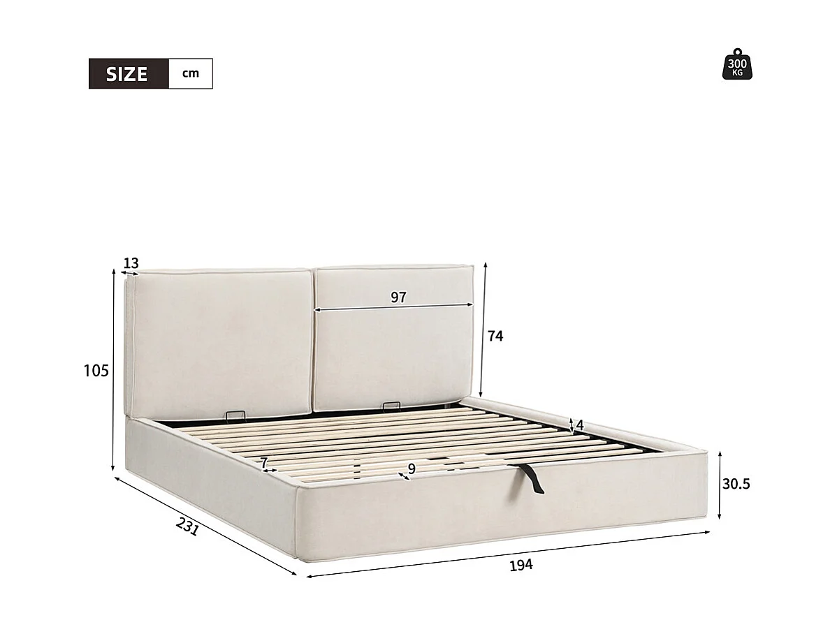 Lit rembourré hydraulique 180x200cm, lit double avec tête de lit et sommier à lattes, lit fonctionnel, chenille beige, sans matelas