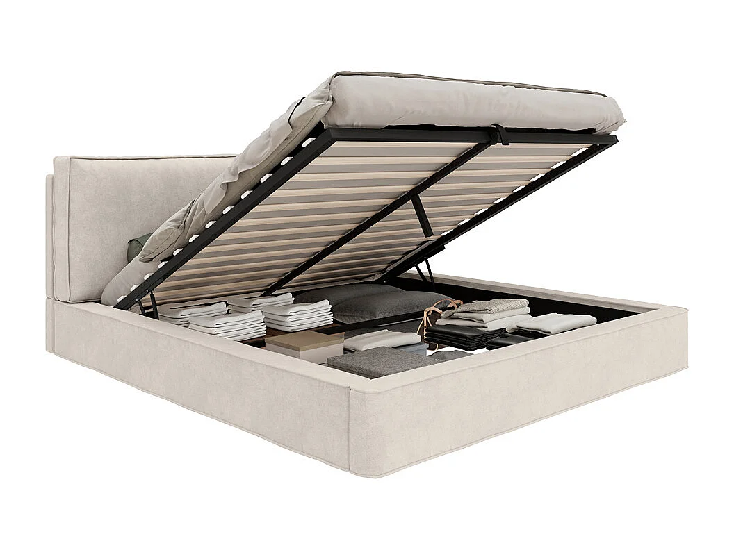 Lit rembourré hydraulique 180x200cm, lit double avec tête de lit et sommier à lattes, lit fonctionnel, chenille beige, sans matelas