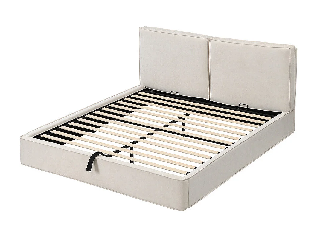 Lit rembourré hydraulique 180x200cm, lit double avec tête de lit et sommier à lattes, lit fonctionnel, chenille beige, sans matelas