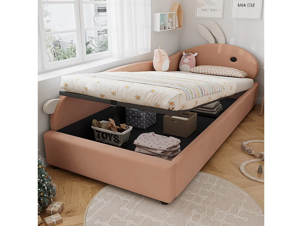 Lit rembourré 90x200cm, lit simple, lit enfant, tête de lit lapin mignon, lit hydraulique avec rangement, rose + blanc