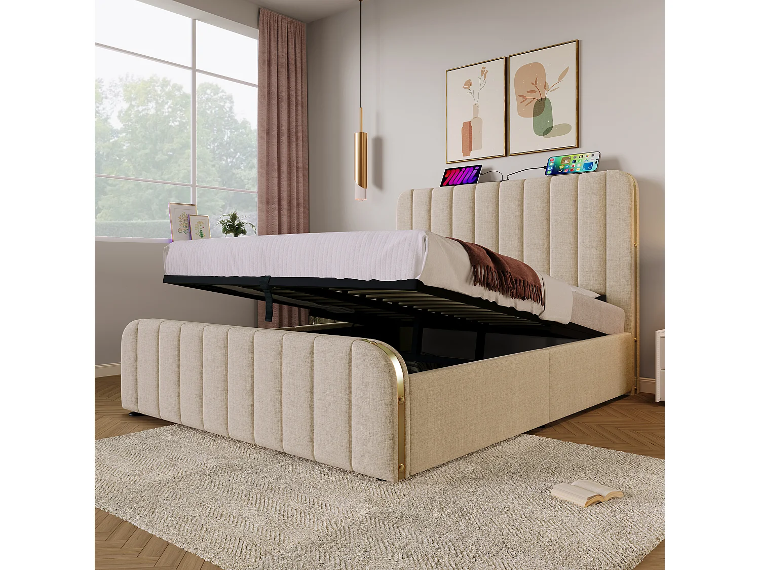 Lit rembourré hydraulique 140x200cm, tête de lit ornée de rayures dorées et USB Type-C, lit coffre, lin, beige, avec matelas