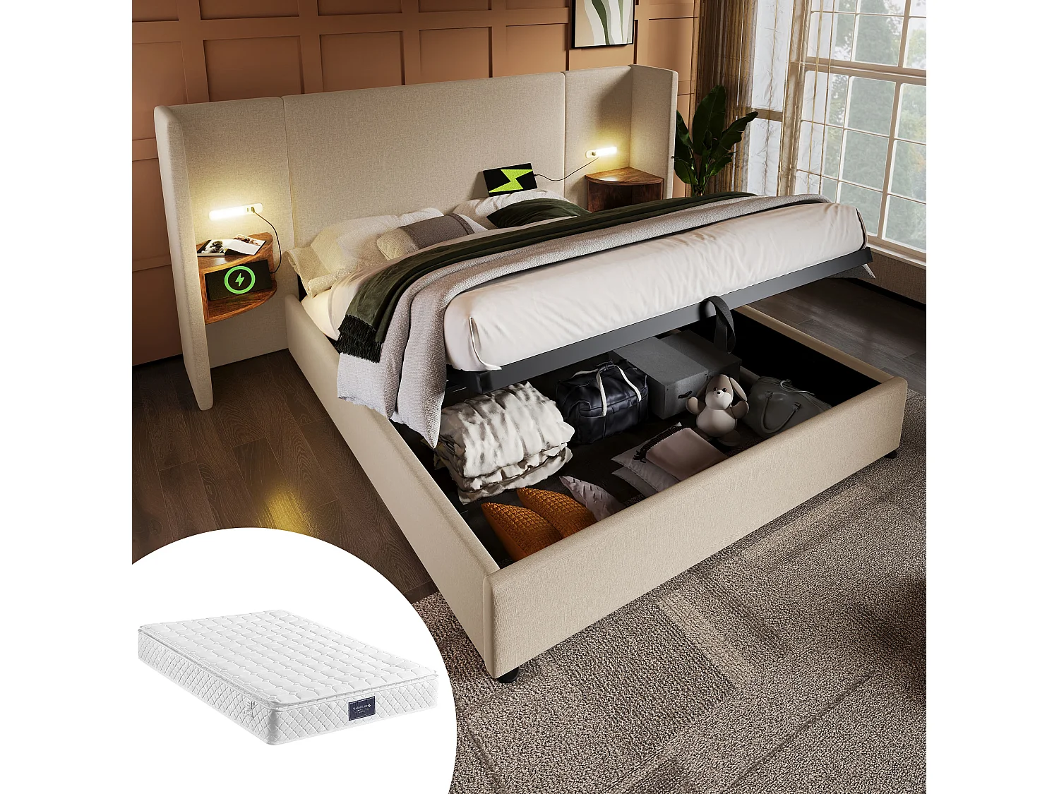 Lit rembourré 160x200cm, avec table de chevet,lampe de lecture,USB Type-C,sommier à lattes,rangement,lin,beige,matelas inclus