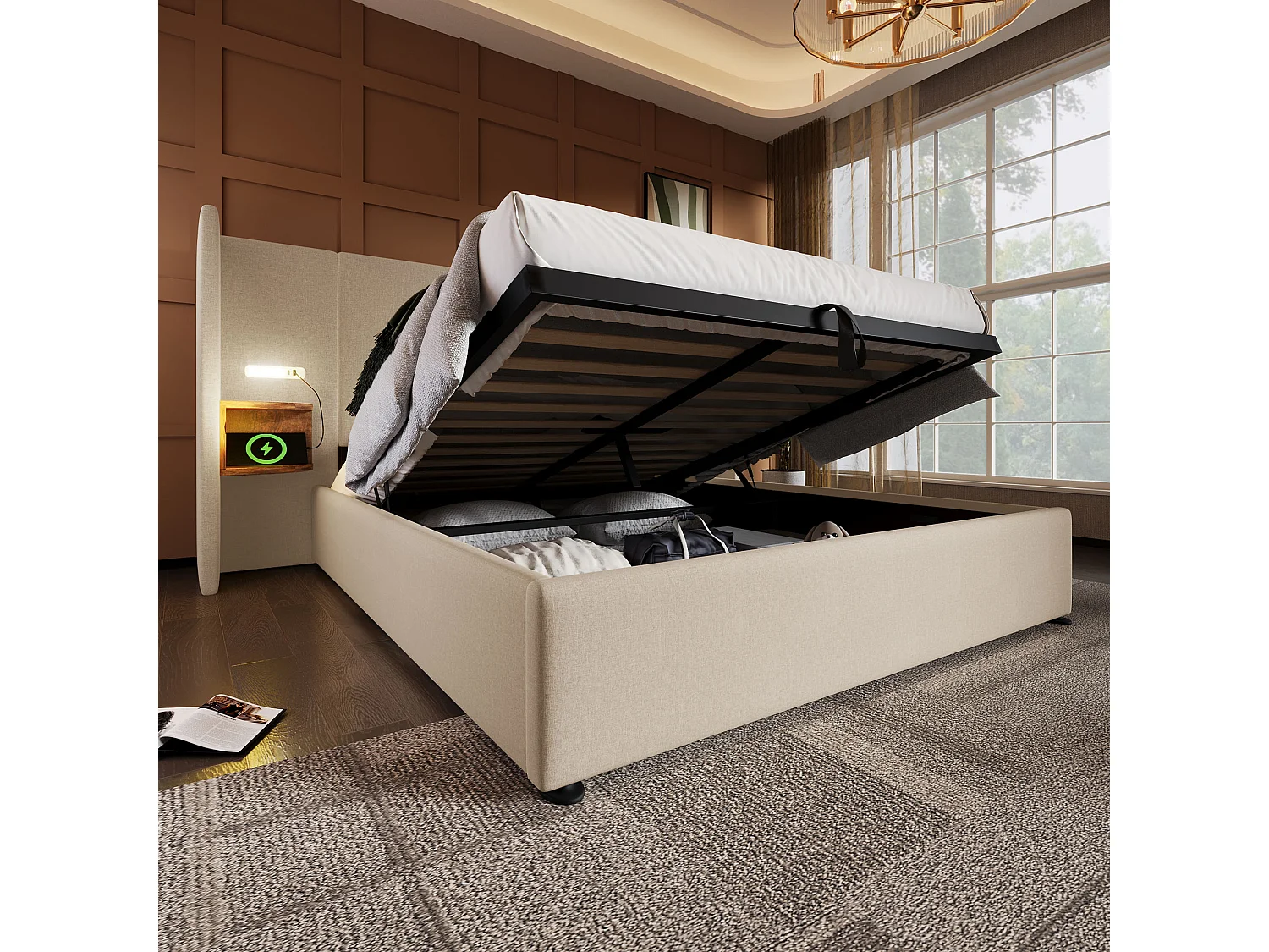 Lit rembourré 160x200cm, avec table de chevet,lampe de lecture,USB Type-C,sommier à lattes,rangement,lin,beige,matelas inclus