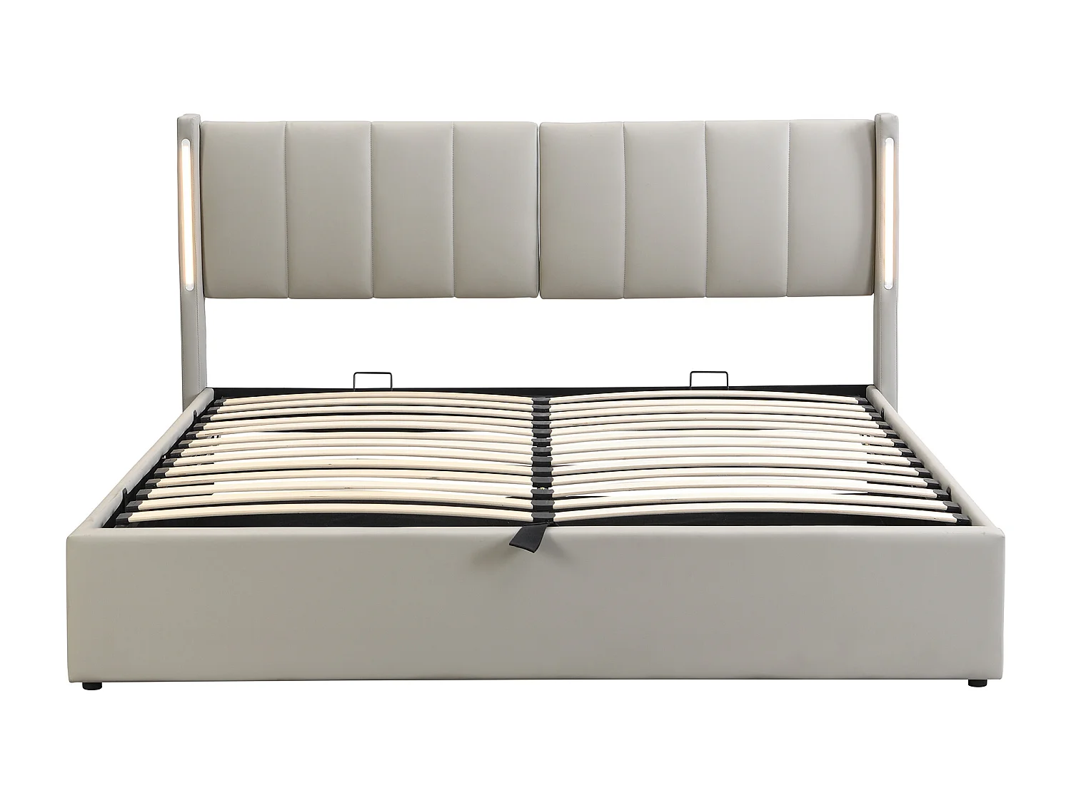 Lit rembourré hydraulique 140x190cm,avec éclairage LED,port USB,rangement et tête de lit réglable,galet PU,gris,sans matelas