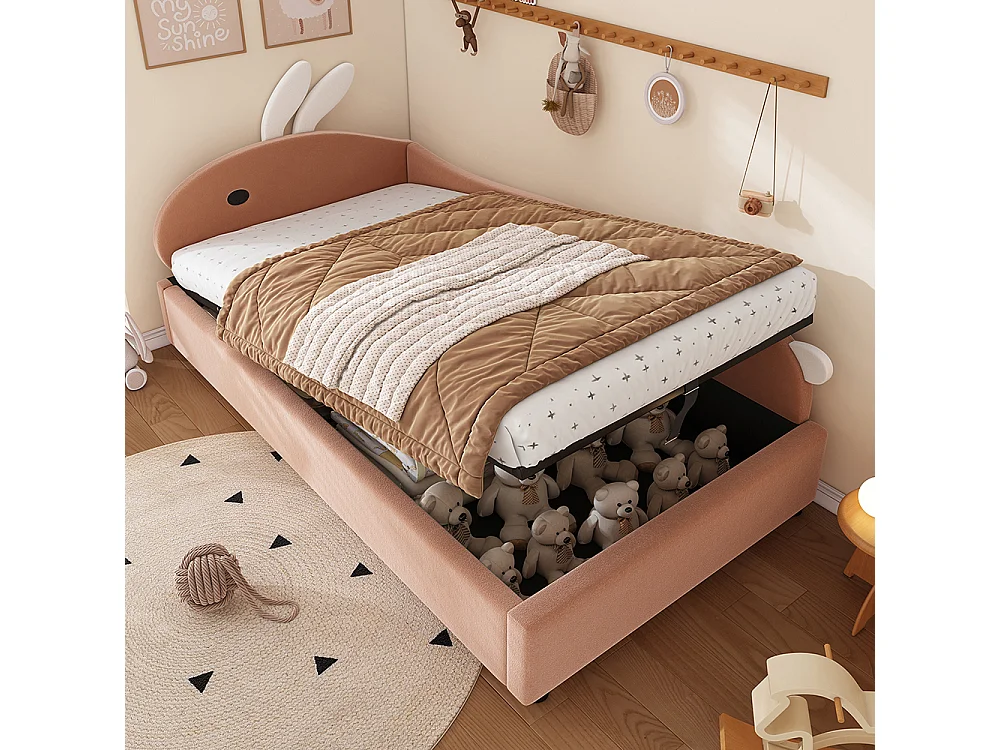 Lit rembourré hydraulique, lit simple, lit enfant, 90x200cm, avec tête de lit lapin mignon,barrière,lit coffre, velours, rose+blanc