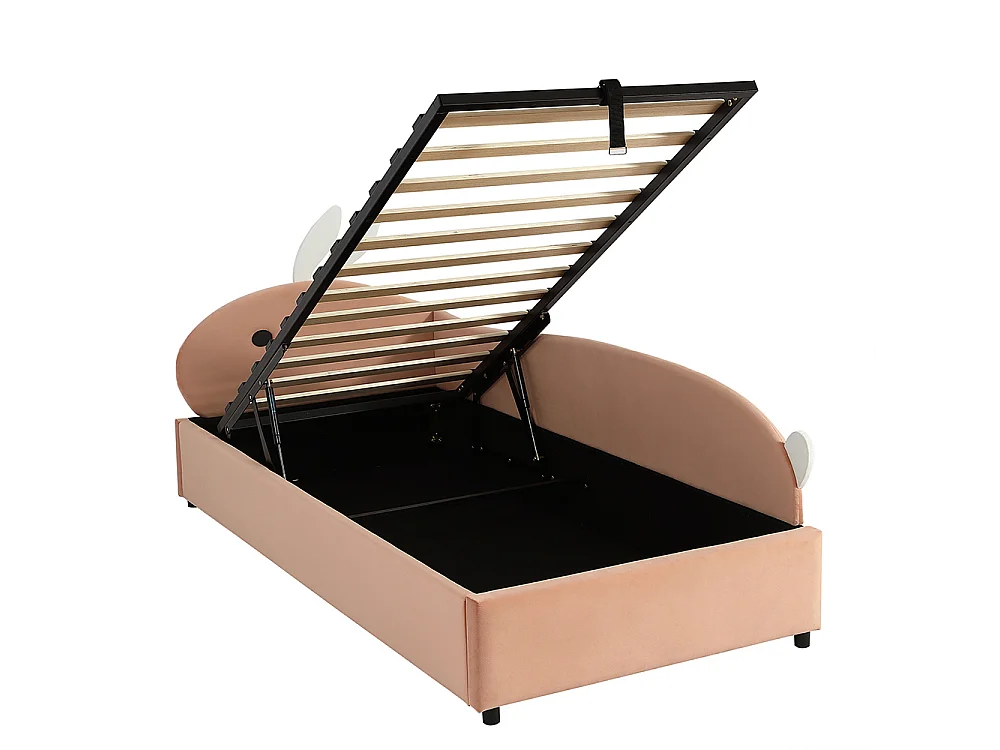 Lit rembourré hydraulique, lit simple, lit enfant, 90x200cm, avec tête de lit lapin mignon,barrière,lit coffre, velours, rose+blanc