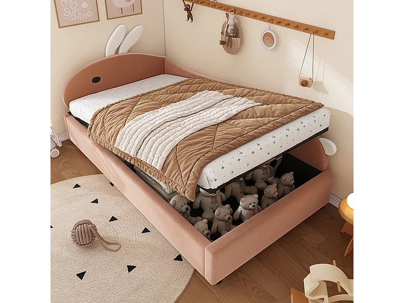 Lit rembourré hydraulique, lit simple, lit enfant, 90x200cm, avec tête de lit lapin mignon,barrière,lit coffre, velours, rose+blanc