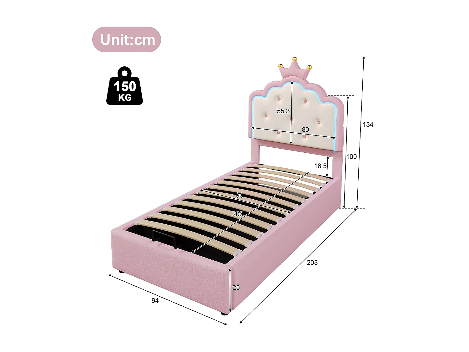 Hydraulisch gestoffeerd bed 90x200cm, lattenbodem, sfeerverlichting met afstandsbediening, PU, roze, matras niet inbegrepen