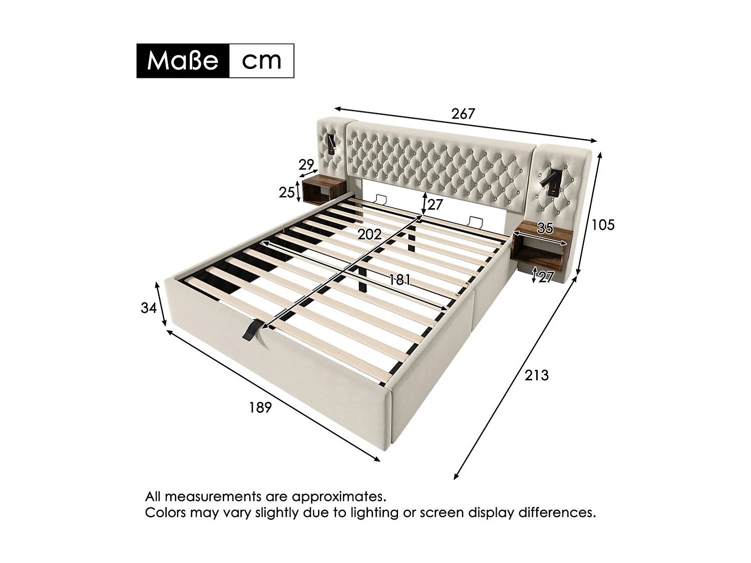 Lit rembourré hydraulique 180x200cm, lit coffre, lit double, avec 2 tables de chevet, liseuse intégrée, velours, beige, sans matelas