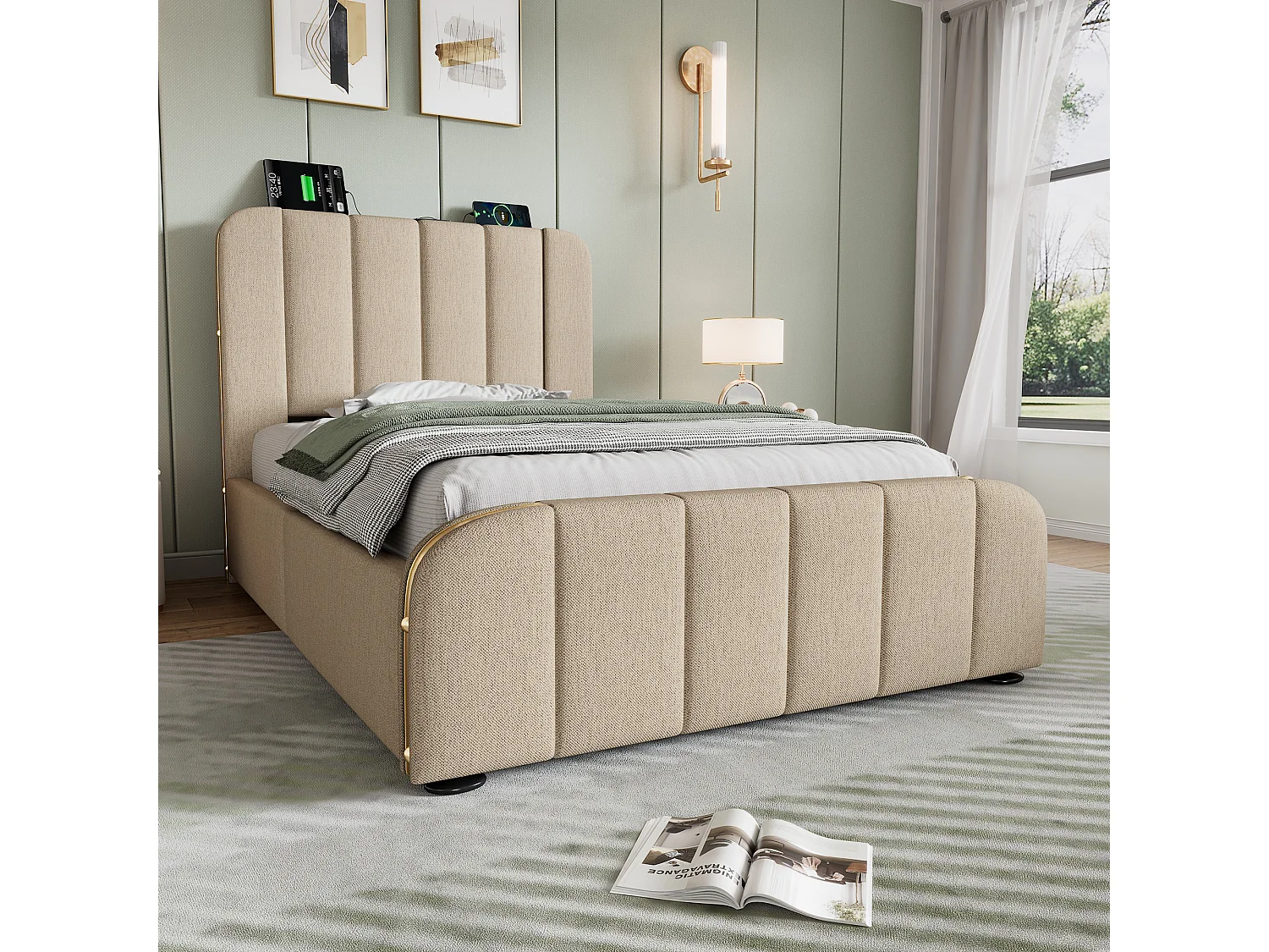 Hydraulisch gestoffeerd bed 90x200cm, hoofdeinde versierd met USB Type-C-poort, opbergruimte, linnen, beige, inclusief matras