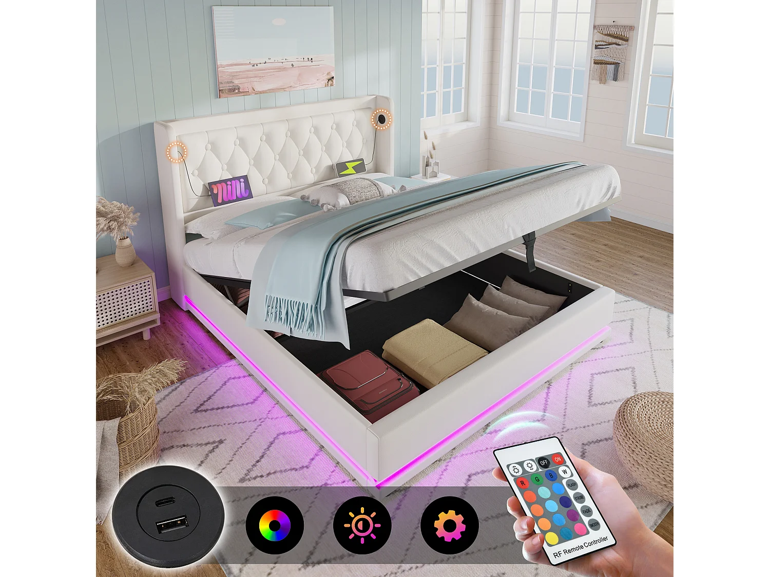 Lit rembourré hydraulique 140x200cm, lit LED double, lit coffre, tête de lit avec port USB Type-C, PU, blanc, matelas inclus