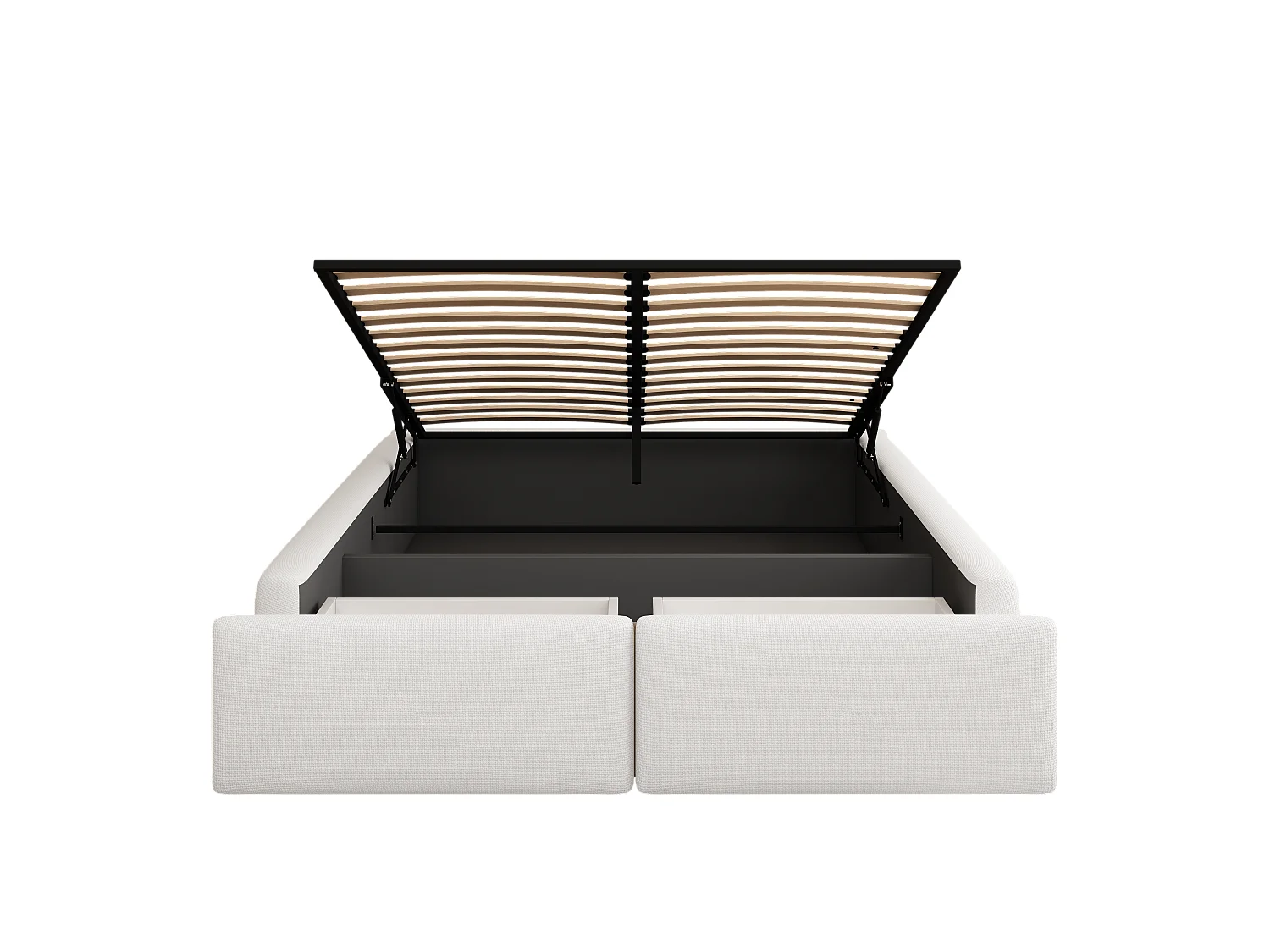 Lit capitonné, 140x200cm, lit plateforme, sans tête de lit, avec coffre hydraulique et 2 tiroirs, lin + MDF, blanc, sans matelas