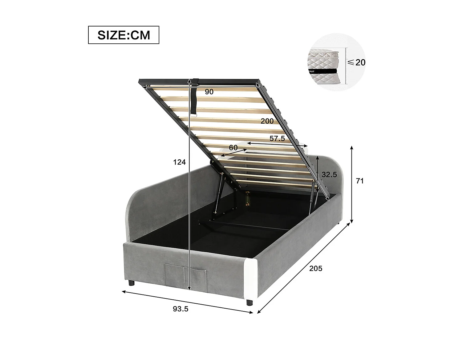 Gestoffeerd bed 90x200 cm, eenpersoonsbed, kinderbed, linker zijpaneel, grijs