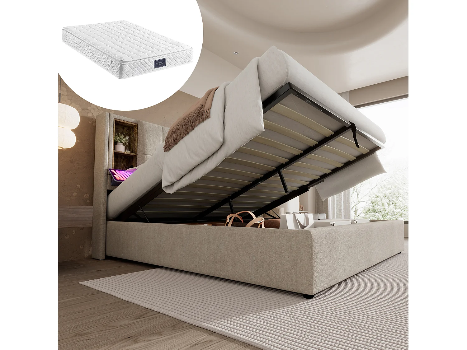 Lit rembourré 140x200cm, lit double, avec chargeur sans fil USB C, rangement et sommier à lattes, lin, naturel, avec matelas